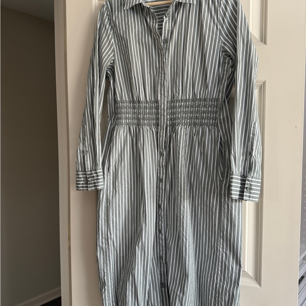 Universal Standard Smocked Shirt Dress in green and white stripe